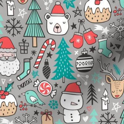 Xmas Christmas Winter Holiday Doodle with Snowman, Santa, Deer, Snowflakes, Trees, Mittens on Grey