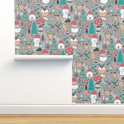 Xmas Christmas Winter Holiday Doodle with Snowman, Santa, Deer, Snowflakes, Trees, Mittens on Grey