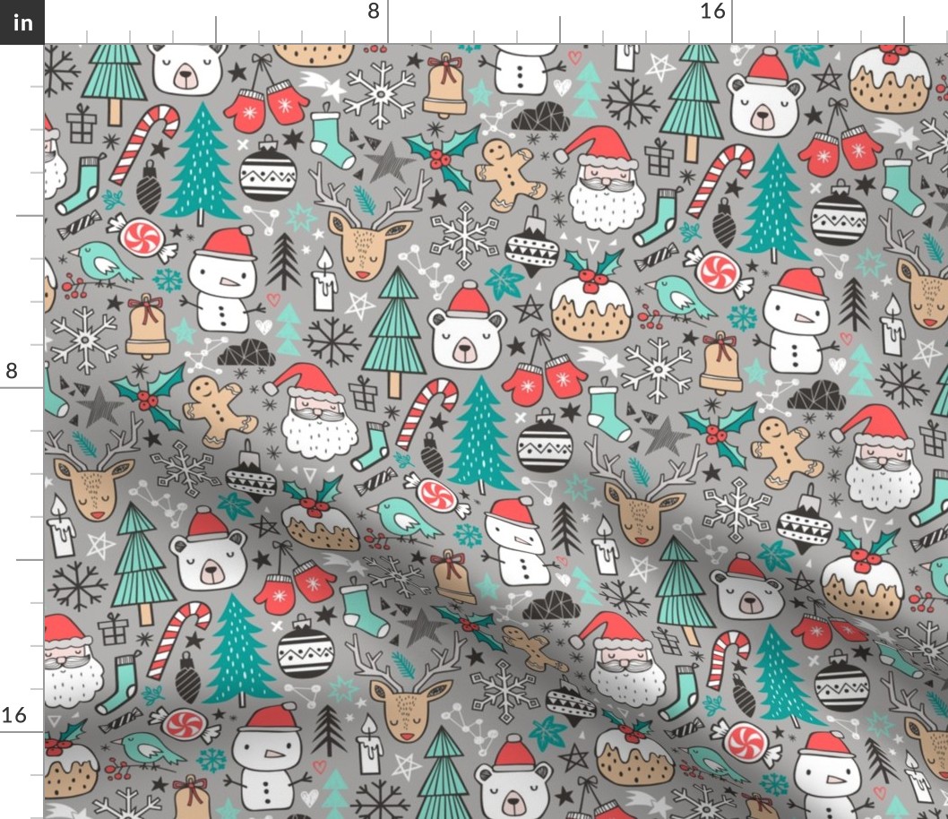 Xmas Christmas Winter Holiday Doodle with Snowman, Santa, Deer, Snowflakes, Trees, Mittens on Grey