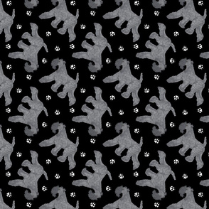 Trotting Kerry Blue Terrier and paw prints - black