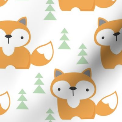 foxes on white-with-green-trees