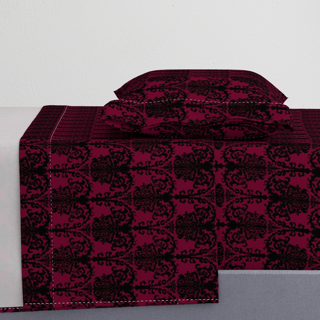 Ornate Gate Damask Black on Bordeaux