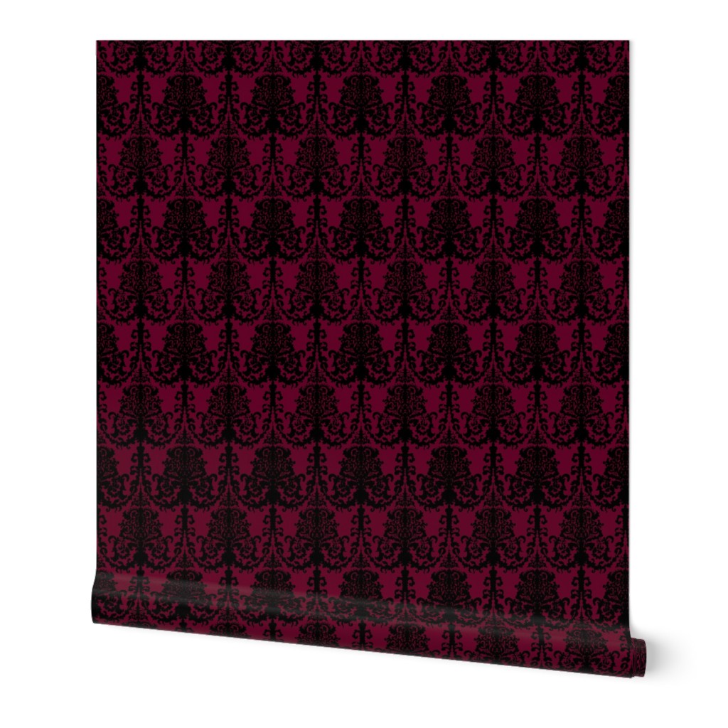 Ornate Gate Damask Black on Bordeaux