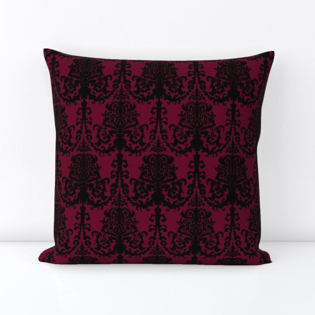 Ornate Gate Damask Black on Bordeaux