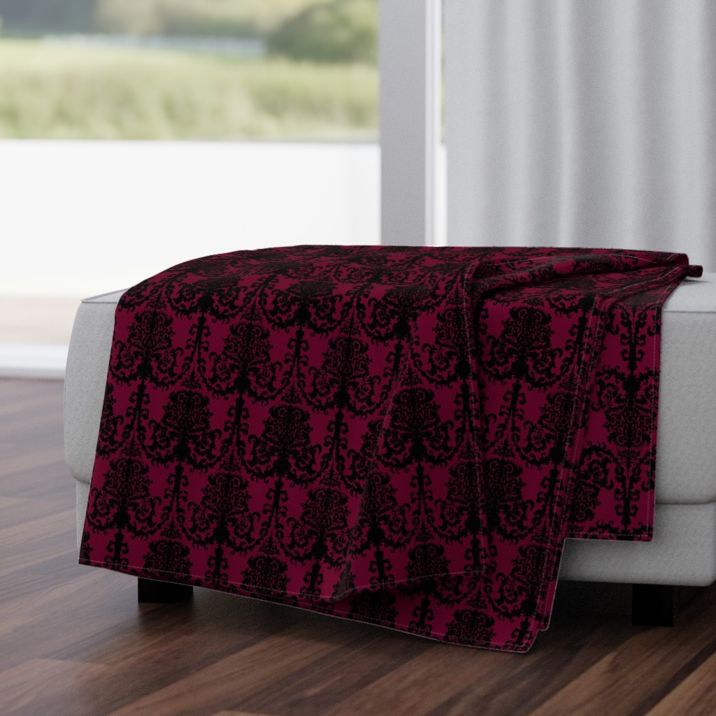 Ornate Gate Damask Black on Bordeaux