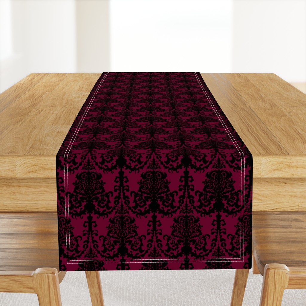 Ornate Gate Damask Black on Bordeaux