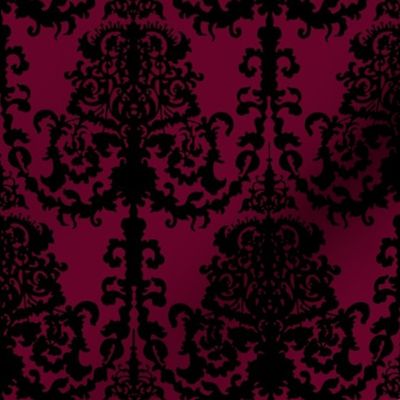 Ornate Gate Damask Black on Bordeaux