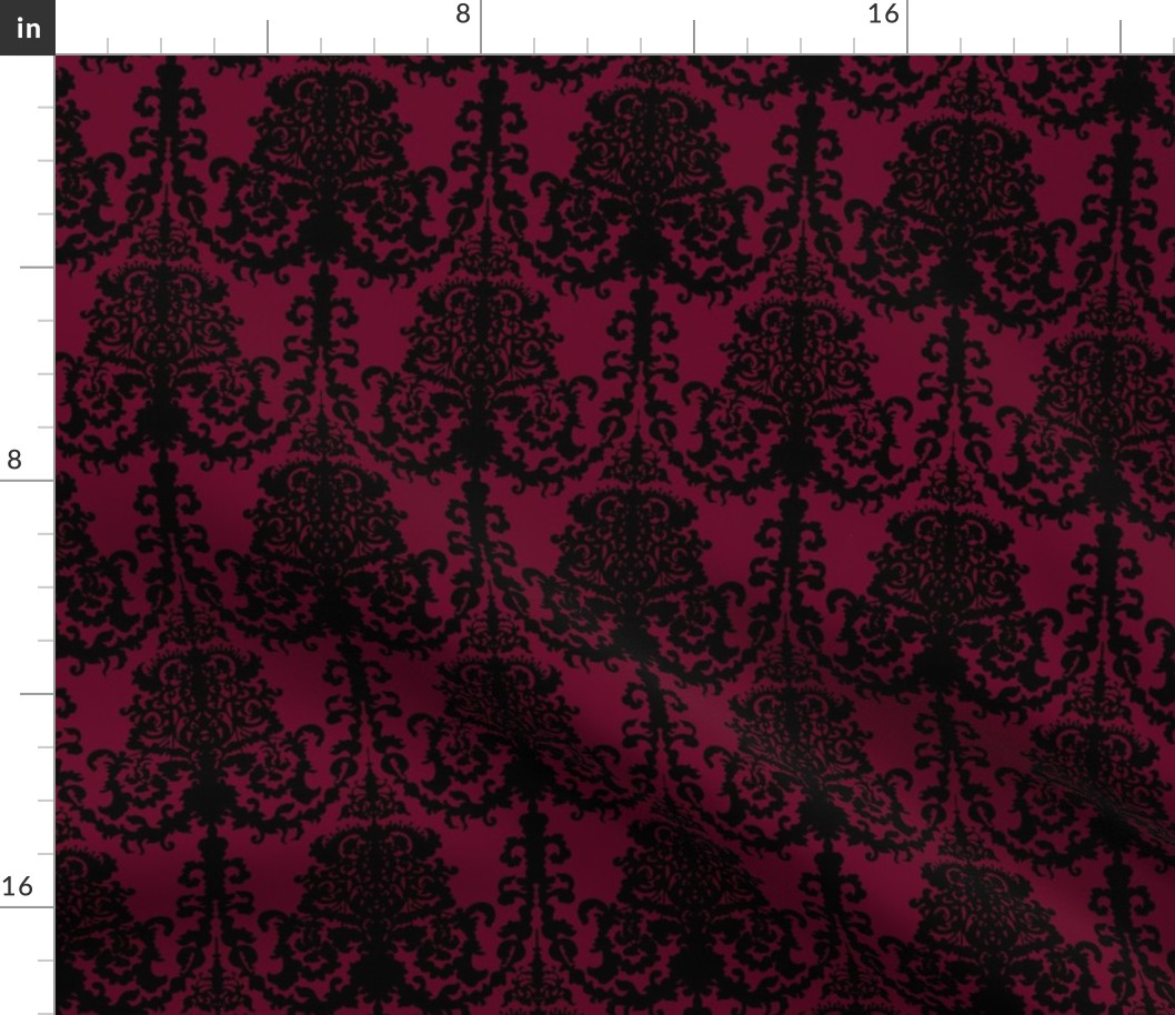 Ornate Gate Damask Black on Bordeaux