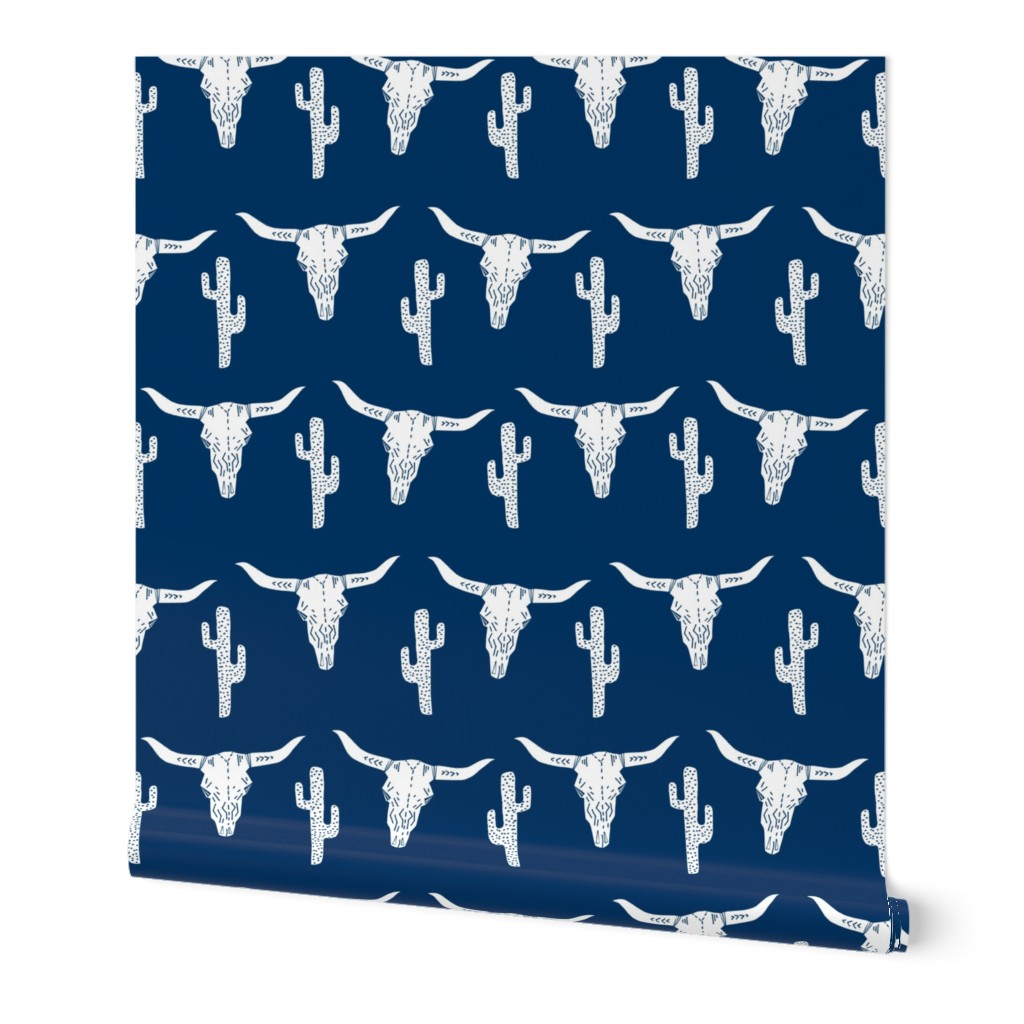 longhorn skulls // longhorn skull western cactus navy blue kids room boys design boys room texas