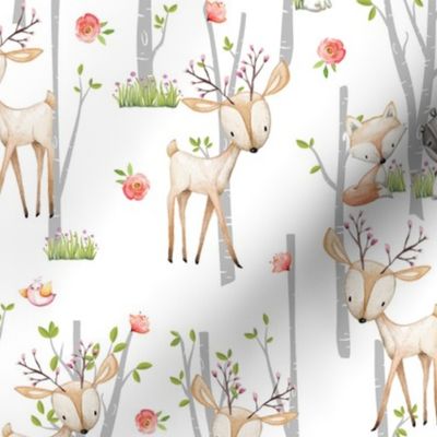 Sweet Woodland Animals - Birch Trees Deer Fox Raccoon  Flowers Baby Girl Nursery Blanket Sheets Bedding