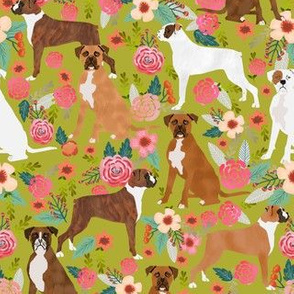 boxer dog flowers florals lime spring cute boxer dog pet pet dog fabric