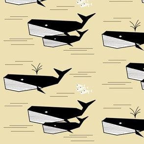 Whales - black and white on pale yellow, geometric, sand, fish, sea, ocean || by sunny afternoon