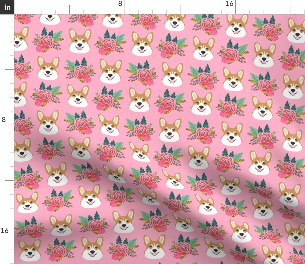 corgi flowers florals head cute flower dog dogs pet dog corgis pink fabric 