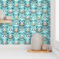 Ocean Aqua Art Nouveau Pattern with Peach Flowers small print