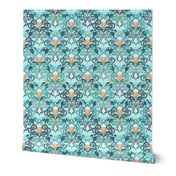 Ocean Aqua Art Nouveau Pattern with Peach Flowers small print