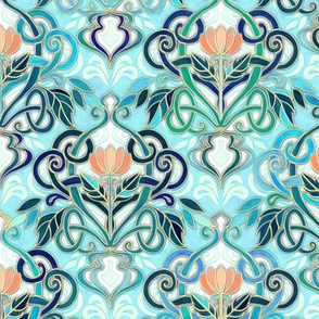 Ocean Aqua Art Nouveau Pattern with Peach Flowers small print