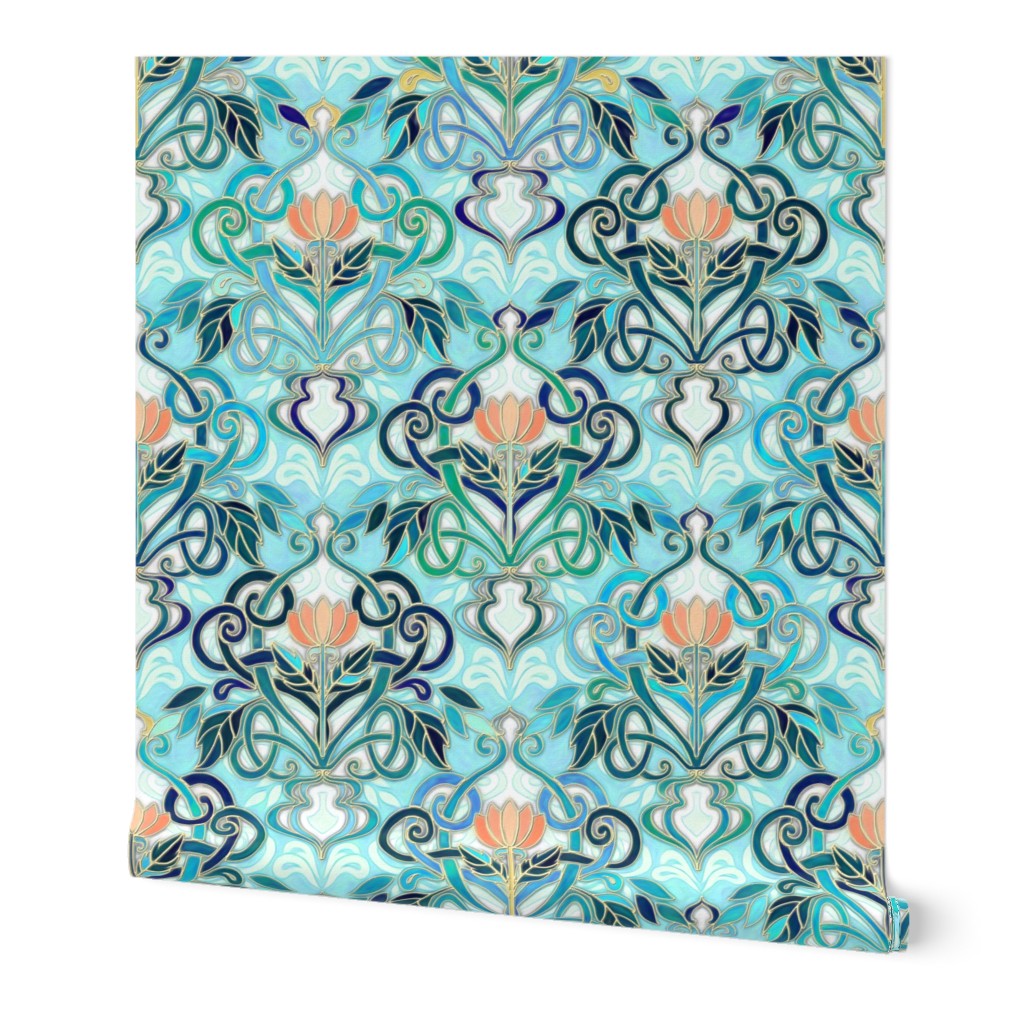 Ocean Aqua Art Nouveau Pattern with Peach Flowers large print