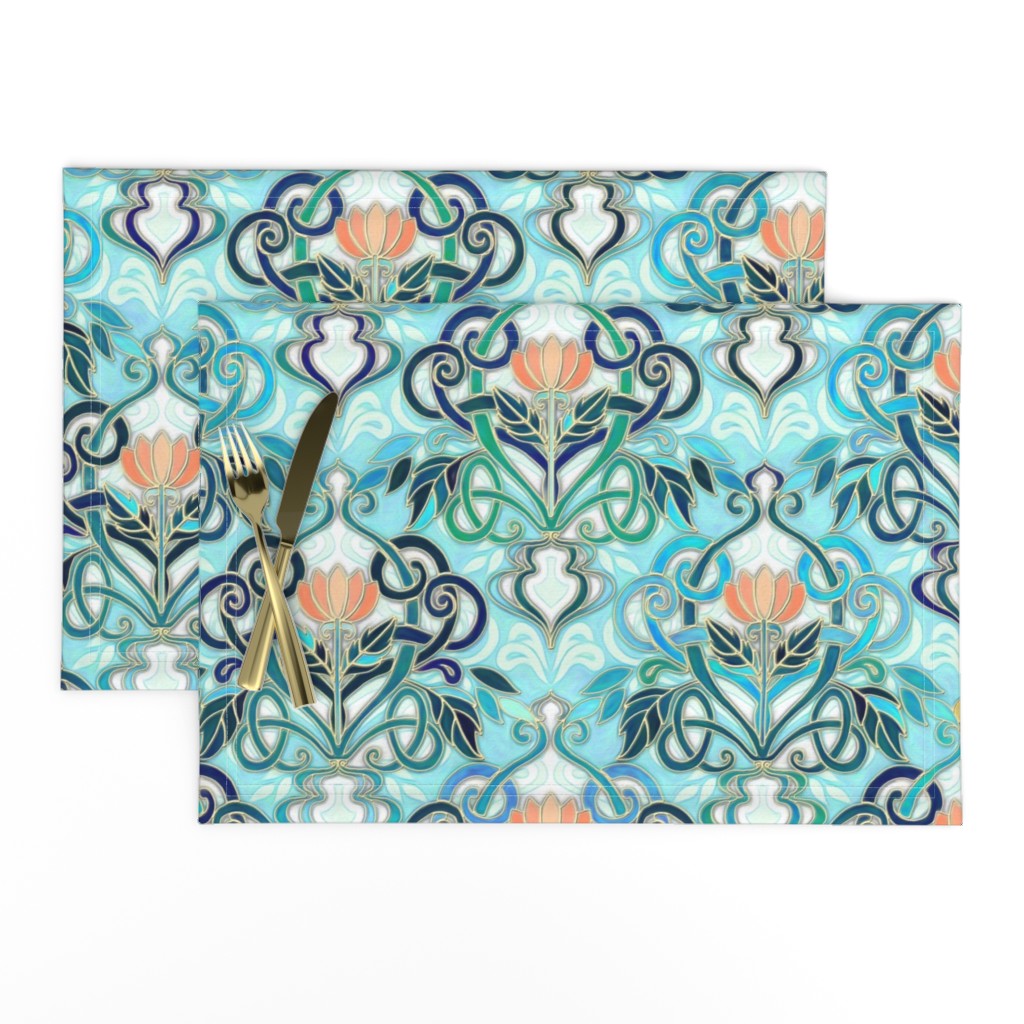 Ocean Aqua Art Nouveau Pattern with Peach Flowers large print