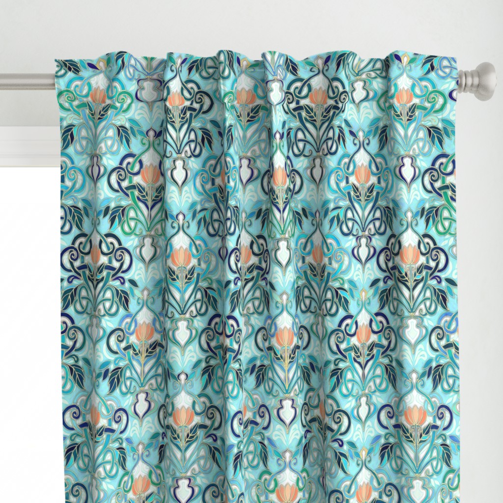 Ocean Aqua Art Nouveau Pattern with Peach Flowers large print