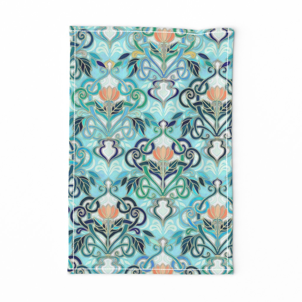 Ocean Aqua Art Nouveau Pattern with Peach Flowers large print