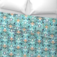 Ocean Aqua Art Nouveau Pattern with Peach Flowers large print