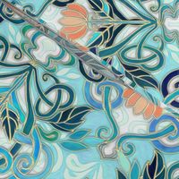 Ocean Aqua Art Nouveau Pattern with Peach Flowers large print
