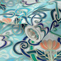 Ocean Aqua Art Nouveau Pattern with Peach Flowers large print