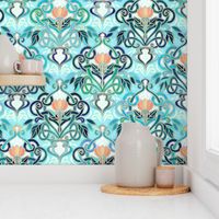 Ocean Aqua Art Nouveau Pattern with Peach Flowers large print