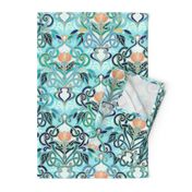 Ocean Aqua Art Nouveau Pattern with Peach Flowers large print