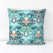 Ocean Aqua Art Nouveau Pattern with Peach Flowers large print