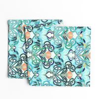 Ocean Aqua Art Nouveau Pattern with Peach Flowers large print