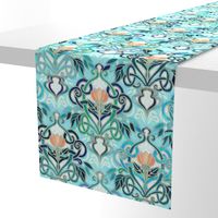 Ocean Aqua Art Nouveau Pattern with Peach Flowers large print