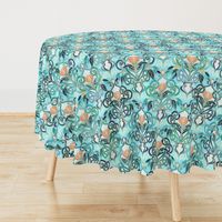 Ocean Aqua Art Nouveau Pattern with Peach Flowers large print