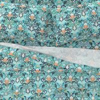 Ocean Aqua Art Nouveau Pattern with Peach Flowers large print