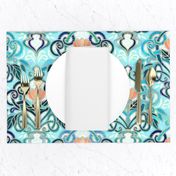 Ocean Aqua Art Nouveau Pattern with Peach Flowers large print