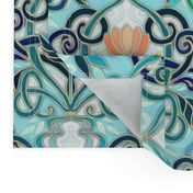 Ocean Aqua Art Nouveau Pattern with Peach Flowers large print