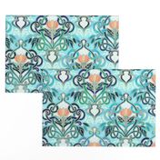 Ocean Aqua Art Nouveau Pattern with Peach Flowers large print