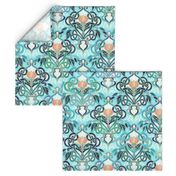 Ocean Aqua Art Nouveau Pattern with Peach Flowers large print