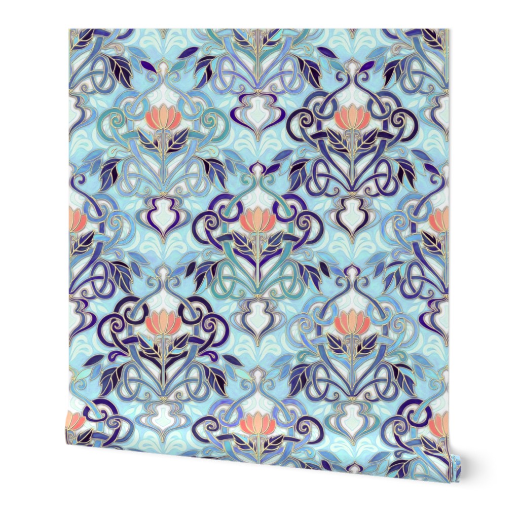 Ocean Indigo Art Nouveau Pattern with Coral Flowers small print