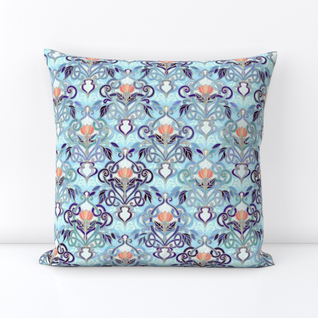 Ocean Indigo Art Nouveau Pattern with Coral Flowers small print