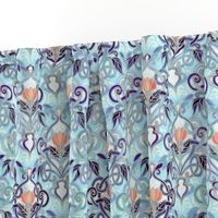 Ocean Indigo Art Nouveau Pattern with Coral Flowers small print