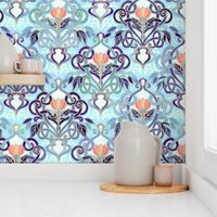 Ocean Indigo Art Nouveau Pattern with Coral Flowers small print