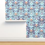 Ocean Indigo Art Nouveau Pattern with Coral Flowers small print