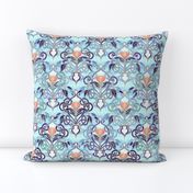 Ocean Indigo Art Nouveau Pattern with Coral Flowers small print