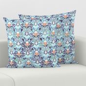 Ocean Indigo Art Nouveau Pattern with Coral Flowers small print