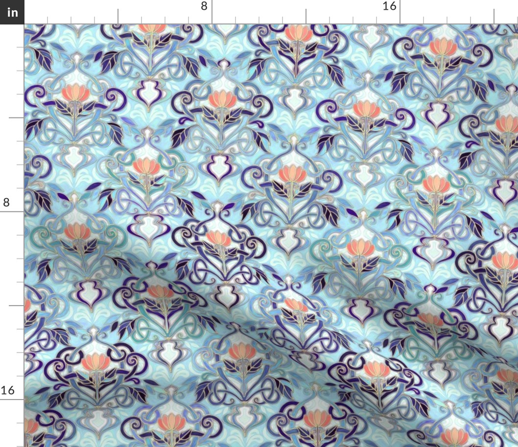 Ocean Indigo Art Nouveau Pattern with Coral Flowers small print