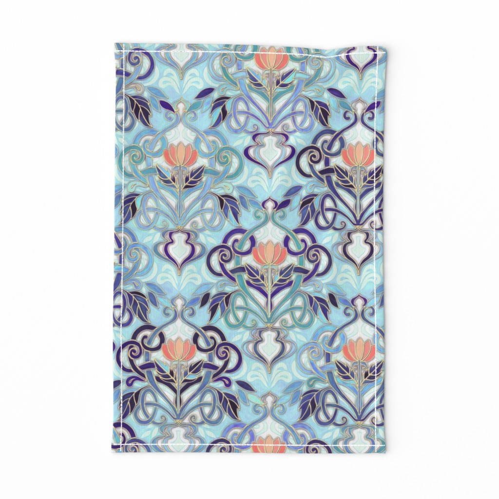 Ocean Indigo Art Nouveau Pattern with Coral Flowers large print