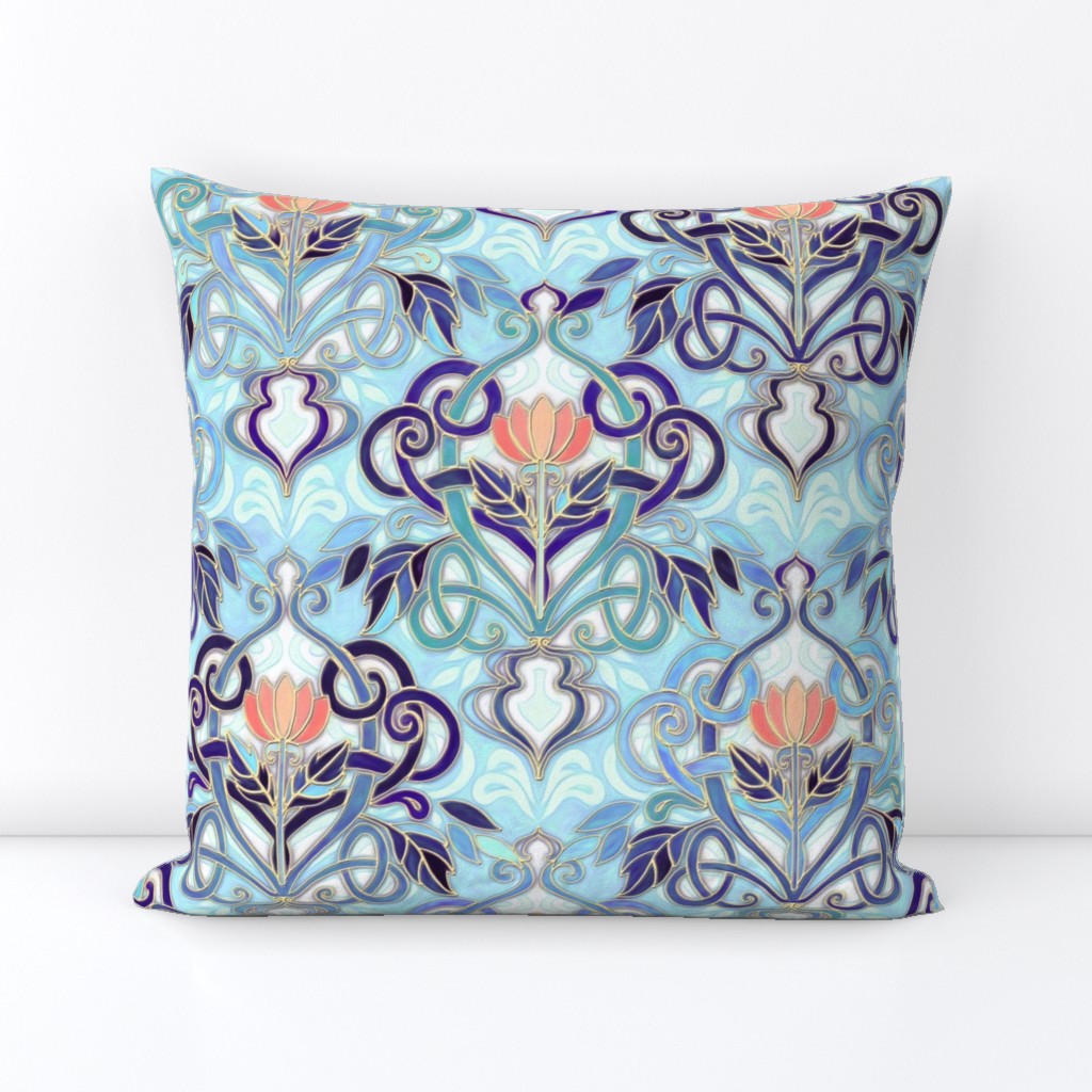 Ocean Indigo Art Nouveau Pattern with Coral Flowers large print