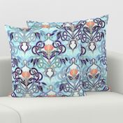 Ocean Indigo Art Nouveau Pattern with Coral Flowers large print