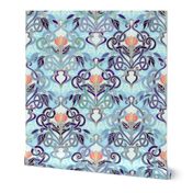 Ocean Indigo Art Nouveau Pattern with Coral Flowers large print